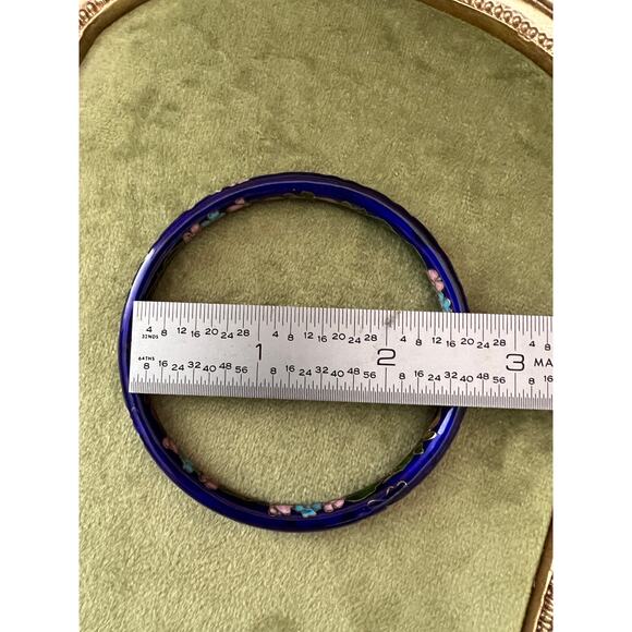 Vintage Cloisonne Enamel Bangle Bracelet Blue Cobalt Floral Flowers - Picture 7 of 8